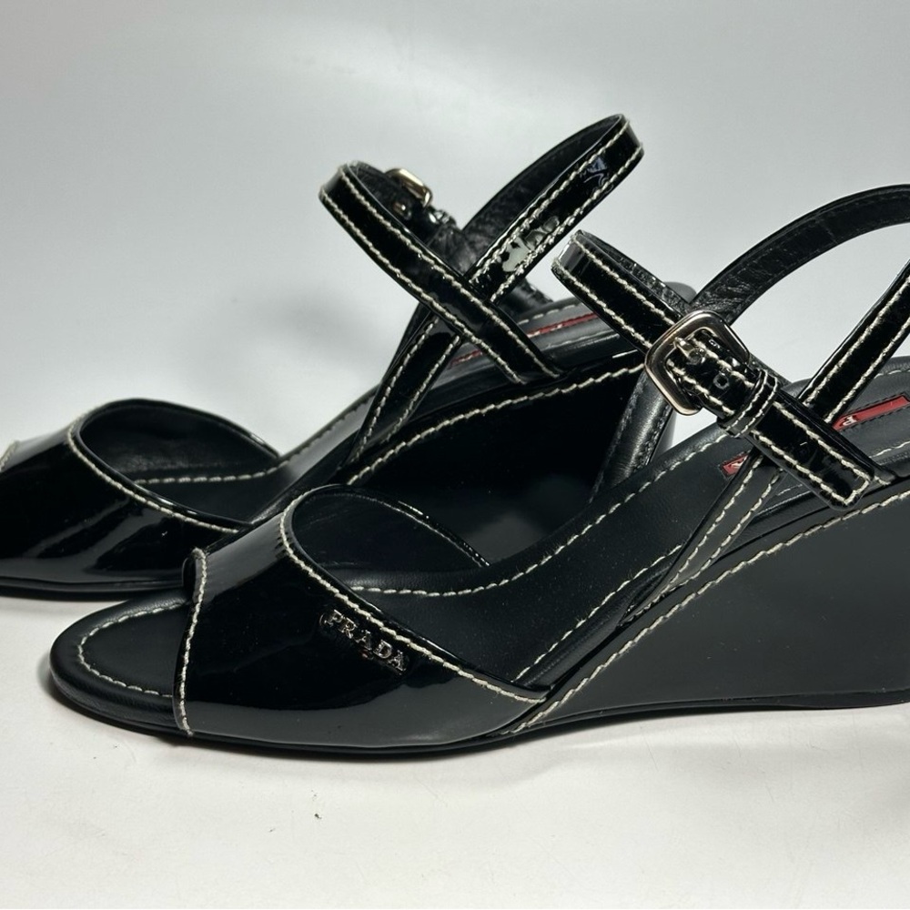 Prada Glossy Black Patent Leather Wedge Sandals Brand New In Box Size 40 /US 9.5 - Picture 3 of 11